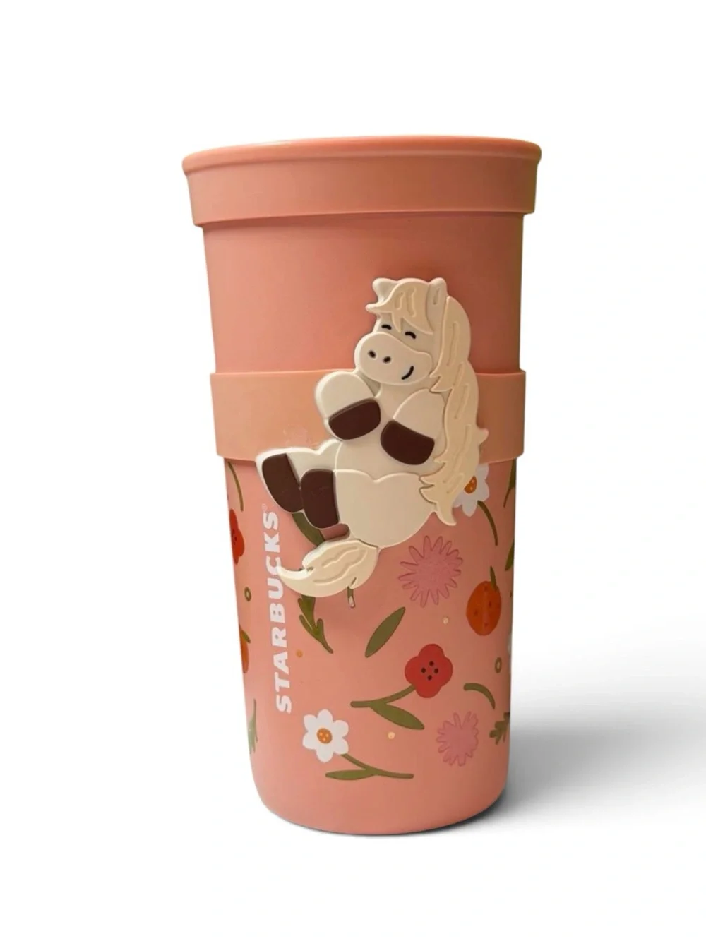 Starbucks Year of the Horse Pink Floral Reusable Tumbler with green straw NEW